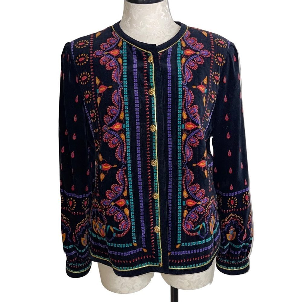 Saxton Hall Vintage Womens Jacket Size Large Paisley Velvet Gold Buttons
